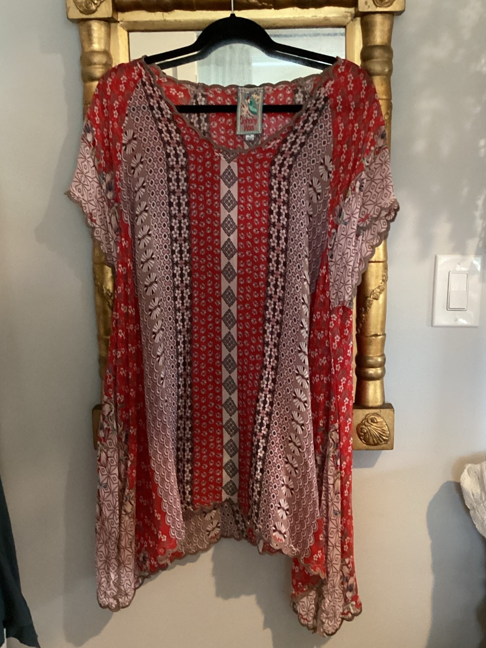 Johnny Was Red and Cream Mixed-Print Boho Tunic